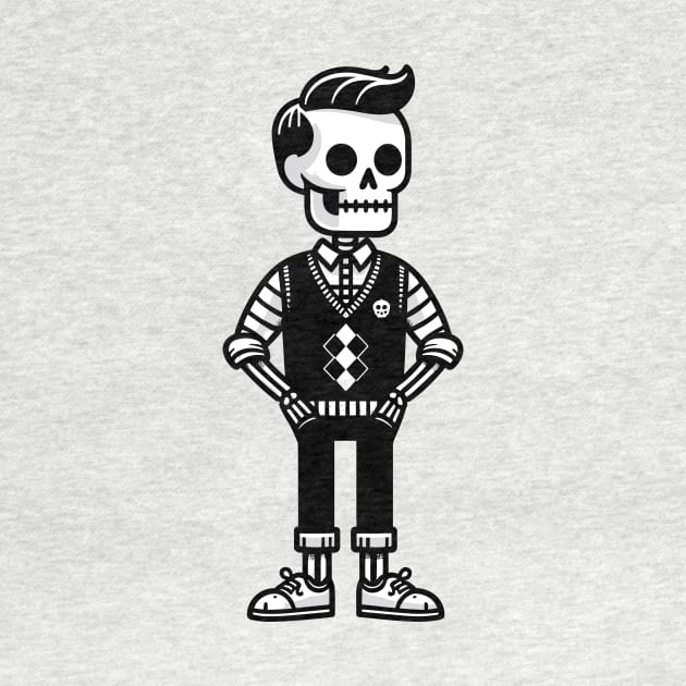 Minimalist Preppy Skeleton - Black and White Cartoon by Quirk Print Studios 